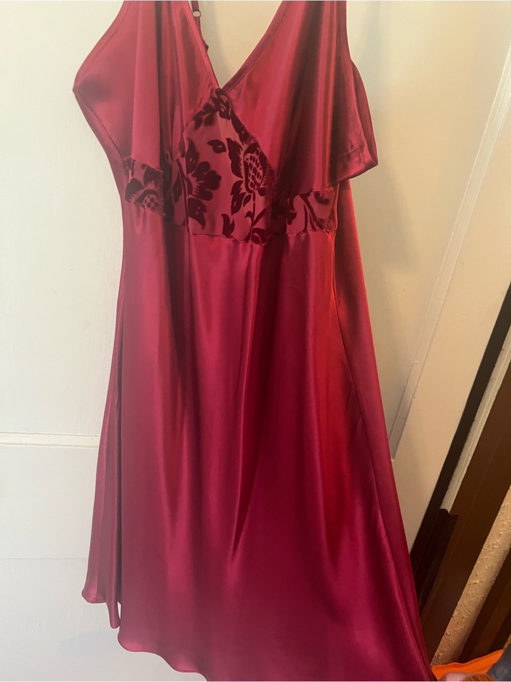 Valerie Stevens Rich Red Silk Vintage Nightgown with Velvet silk peekaboo